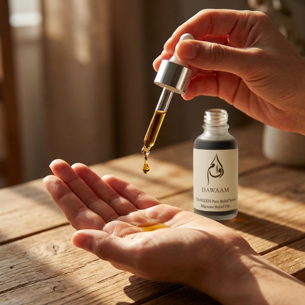 DAWAAM Taskeen Migraine Oil applied to temples - natural herbal migraine relief Pakistan